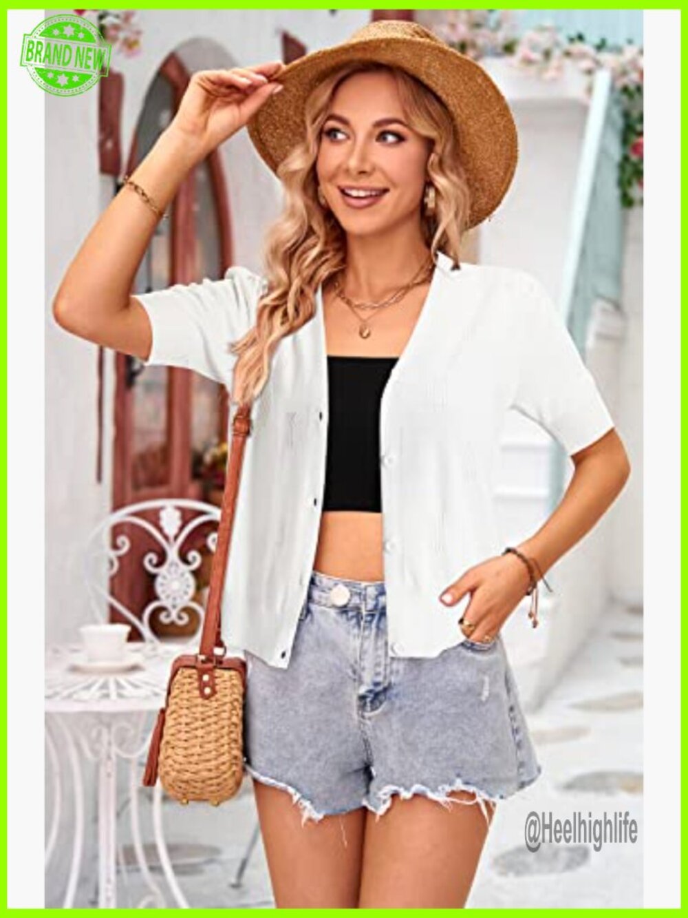 Lightweight Cropped Short Sleeve Cardigan, V-Neck Button Down, Soft Knit - Picture 4 of 7